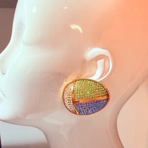 Lanvin Paris Egyptian Revival Scarab Statement Pave Crystal Clip Earrings 1.75in